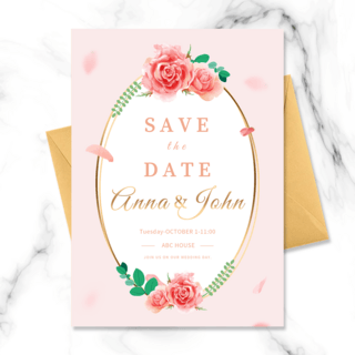 粉色线条花朵海报模板_粉色椭圆形花环婚礼邀请函