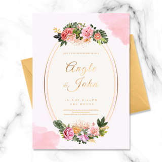 粉色花朵花环海报模板_淡雅粉色椭圆形花框婚礼邀请函