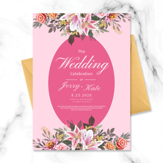 鲜花边框婚礼海报模板_粉色椭圆形边框婚礼邀请函