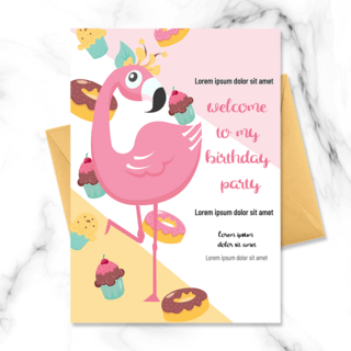 粉色生日邀请函海报模板_手绘商业粉色甜甜圈火烈鸟卡通小动物儿童生日邀请函