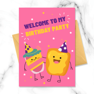 小动物生日海报模板_手绘商业粉色黄色饮料吐司卡通小动物儿童生日邀请函