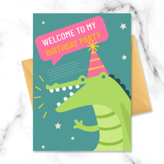 波点白色海报模板_手绘商业绿色玫红恐龙卡通小动物儿童生日邀请函