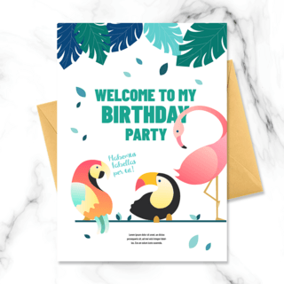 手绘商业白色鹦鹉火烈鸟植物卡通小动物儿童生日邀请函