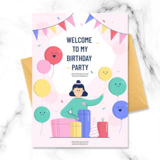 粉色气球卡通海报模板_手绘商业人物粉色气球卡通小动物儿童生日邀请函