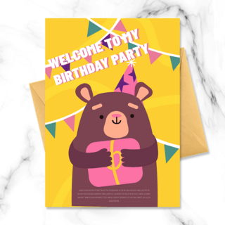 动物小熊的卡通海报模板_手绘商业黄色抱着礼物的小熊卡通小动物儿童生日邀请函
