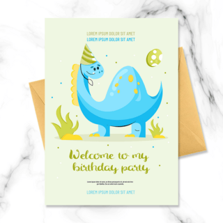 低头恐龙海报模板_手绘商业蓝色恐龙植物小帽子卡通小动物儿童生日邀请函
