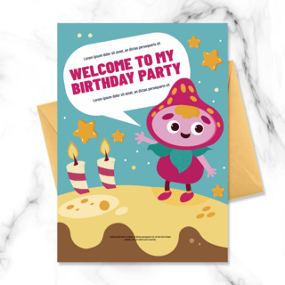 小波点海报模板_手绘商业黄色蛋糕手草莓小可爱卡通小动物儿童生日邀请函