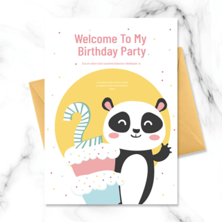 小波点海报模板_手绘商业黄色数字蜡烛熊猫波点蛋糕卡通小动物儿童生日邀请函