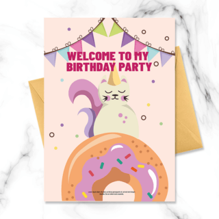 儿童动物背景海报模板_手绘商业粉色背景猫咪甜甜圈彩旗卡通小动物儿童生日邀请函