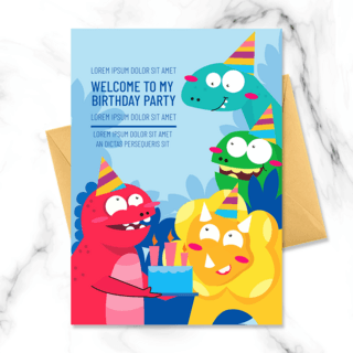 蓝色小波点海报模板_手绘商业多彩恐龙蛋糕卡通小动物儿童生日邀请函