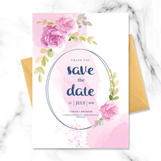 水彩手绘粉色海报模板_粉色水彩花朵花环婚礼邀请函