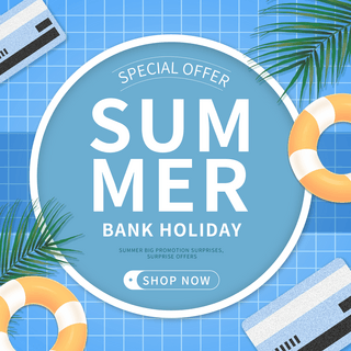 夏日银行假期海报模板_蓝色网格创意夏季银行假期夏日促销