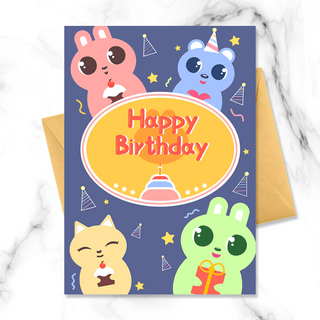 礼物生日蛋糕海报模板_卡通小动物儿童生日邀请函