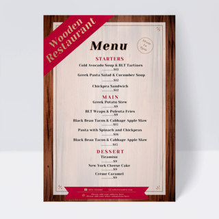 木制菜单海报模板_红色丝带木制餐厅菜单