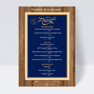 蓝色木制餐厅菜单