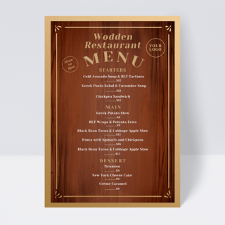 木制菜单海报模板_金色边框木制餐厅菜单