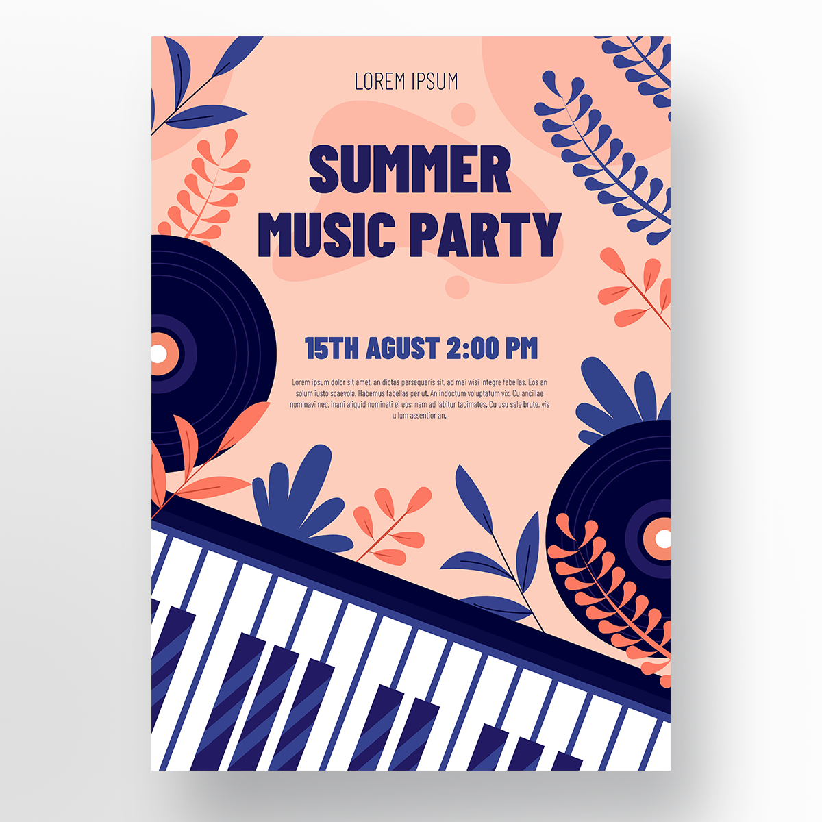 手绘商业粉色唱片电子琴植物矢量手绘夏季音乐会海报图片
