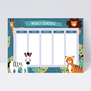 斑马海报模板_手绘商业动物园植物蓝色周计划表格设计横版