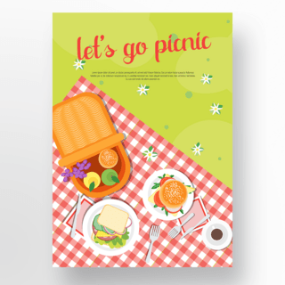 布格子布海报模板_商业手绘格子布写实三明治汉堡野餐日海报