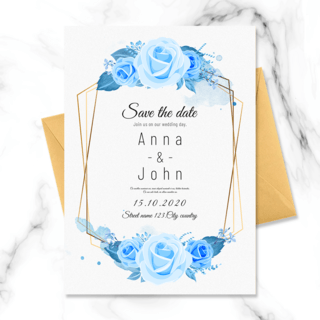 花边边框手绘海报模板_蓝色花卉不规则边框结婚邀请函