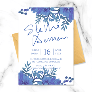 蓝色植物水彩海报模板_现代简约浪漫唯美精致水彩晕染蓝色植物花卉婚礼邀请函
