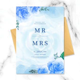 手绘花朵婚礼海报模板_淡雅水彩蓝色花朵结婚邀请函