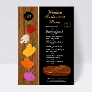 木质菜单海报模板_手绘蔬菜牛排木质餐厅菜单