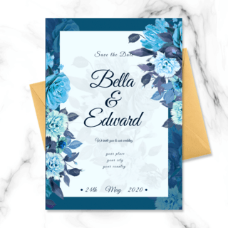 蓝色花卉海报模板_蓝色花卉幸福婚礼邀请函