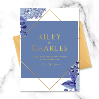蓝色花卉海报模板_现代时尚奢华高端金色几何框架蓝色花卉婚礼邀请函