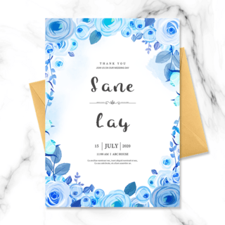 花朵边框水彩海报模板_蓝色花朵边框婚礼邀请函