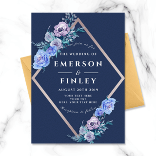 高端奢华时尚精美几何框架环绕式蓝色花朵婚礼邀请函