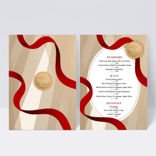 菜单设计红色海报模板_红色缎带西餐厅简约菜单设计