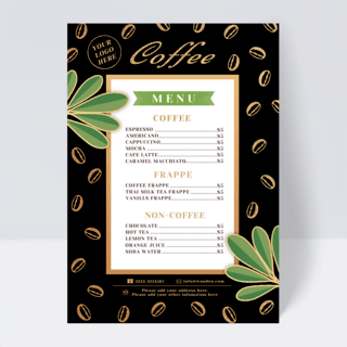 咖啡厅菜单海报模板_黑色植物咖啡厅菜单设计