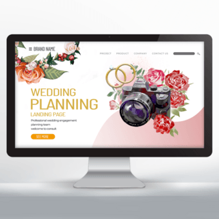 手绘相机海报模板_手绘花环相机婚庆策划网页设计