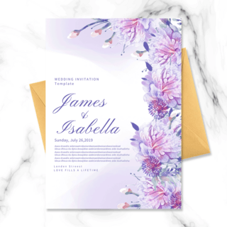 紫色婚礼花朵海报模板_水彩紫色花朵结婚邀请函
