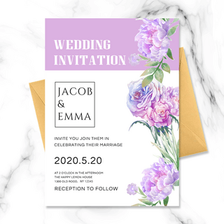 紫色婚礼花朵海报模板_清新紫色花朵结婚邀请函