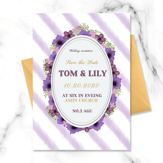 紫色婚礼花朵海报模板_唯美紫色花朵结婚邀请函