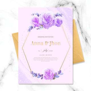 紫色婚礼花朵海报模板_紫色花朵花环婚礼邀请函