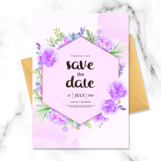 紫色婚礼花朵海报模板_紫色六边形花朵边框婚礼邀请函