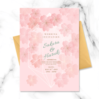 手绘粉色樱花海报模板_粉色框架樱花元素婚礼邀请函