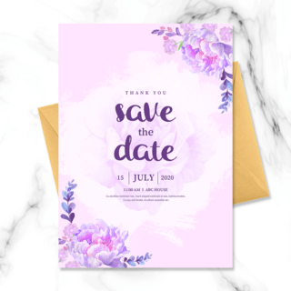 浪漫紫色花朵海报模板_手绘紫色花朵边框结婚邀请函
