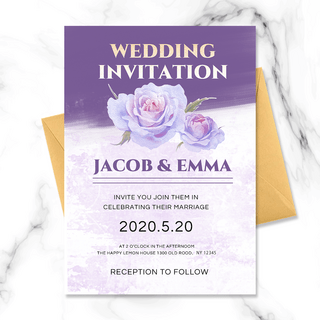 紫色婚礼花朵海报模板_浪漫唯美紫色花朵结婚邀请函