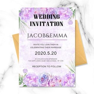 简约浪漫紫色花朵结婚邀请函