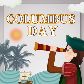 望远镜少年航海剪纸哥伦布日复古节日宣传