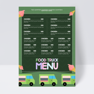 绿色卡通背景海报模板_卡通绿色格子背景高热量食物快餐餐车菜单传单