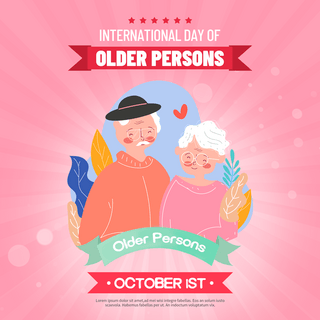 day手绘海报模板_粉色手绘老人international day of older persons节日社交媒体