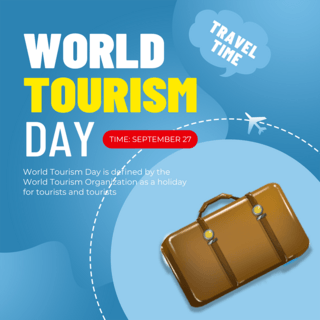 旅游蓝色背景海报模板_蓝色背景world tourism day 节日社交媒体