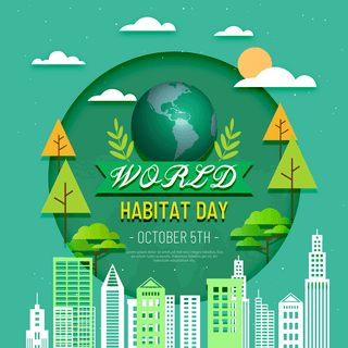 建筑世界海报模板_绿色剪纸建筑world habitat day节日社交媒体