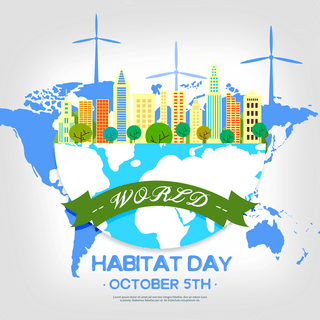 绿色环保风车海报模板_彩色住宅地球world habitat day节日社交媒体