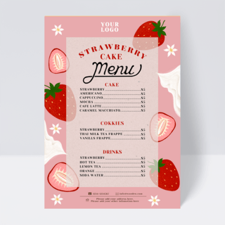 手绘草莓蛋糕海报模板_草莓奶油元素甜品店菜单设计